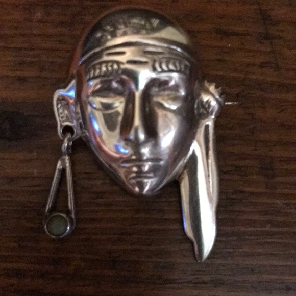 Mexico Jewelry - Vintage Native American Mask Brooch Green Turquoise Mexico Sterling Silver
